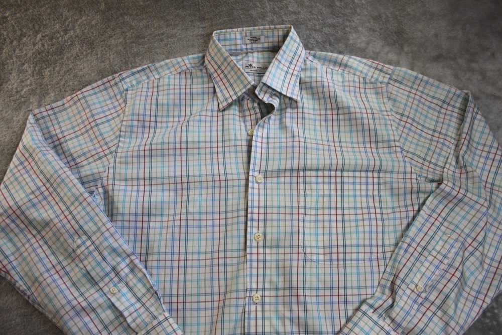 Peter Millar Shirt Mens M White Plaid Button Up Long Sleeve Classic Cotton Silk